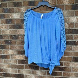 Women's Blue Crochet-Sleeve Tie Front Top